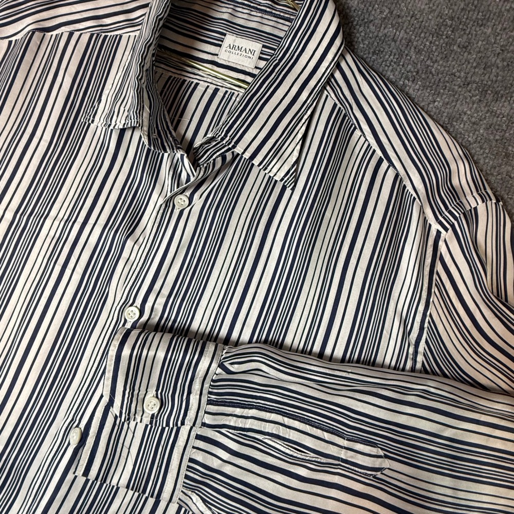 Armani Collezioni Mens XL Silk Striped Button Up Shirt Navy White Romania Made